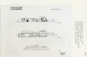 Aquarium, Lübeck-Travemünde (Diplomarbeit bei Peter Poelzig): Ansichten von Norden, Osten und Schnitt 1:200