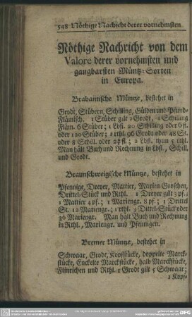 Nöthige Nachricht von dem Valore derer vornehmsten und gangbarsten Müntz-Sorten in Europa
