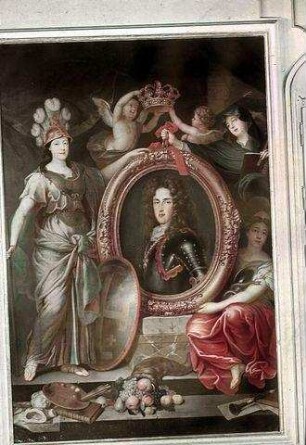 Brustbild des Herzogs Leopold Clemens von Lothringen, gehalten von den Allegorien der Stärke, des Glaubens und der Klugheit, mit den Symbolen der Künste