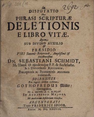 Disputatio De Phrasi Scripturae, Deletionis E Libro Vitae