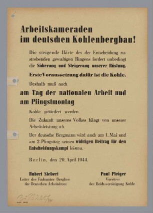 "Arbeitskameraden im deutschen Kohlenbergbau!"