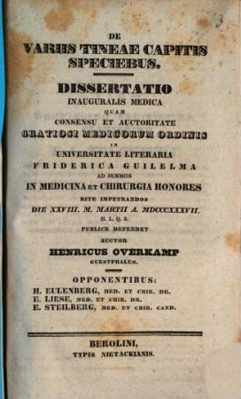 De variis tineae capitis speciebus : Diss. inaug. med.