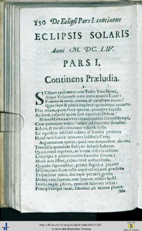 Eclipsis Solaris … Pars I. Continens Praeludia.