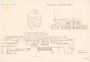Bahnhof, Mönchengladbach: Aufriss Seitenansicht rechts, Längsschnitt, Querschnitt 1:100
