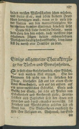 Einige allgemeine Charakterzüge der Türken und Gewohnheiten