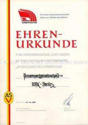 Ehrenurkunde "Für hervorragende Leistungen im sozialistischen Wettbewerb 'Sportstafette 10. Parteitag'"