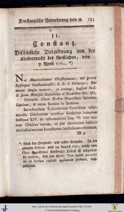 11. Bischöflich-Constanzische Verordnung von der Kleidertracht der Geistlichen, den 7. April 1781.