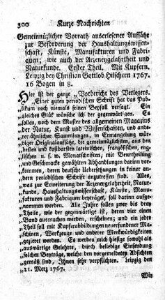 Gemeinnüzlicher Vorrath auserlesener Aufsätze zur Beförderung der Haushaltungswissenschaft, Künste, Manufakturen und Fabriquen. Erster Theil.