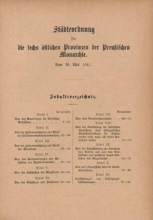 Städteordnung für die sechs östlichen Provinzen der Preußischen Monarchie. Vom 30. Mai 1853