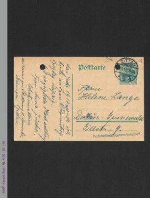 Postkarte von Anna Zücker an Helene Lange
