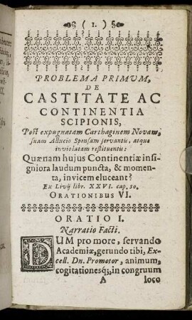 Problema Primum, De Castitate Ac Continentia Scipionis.
