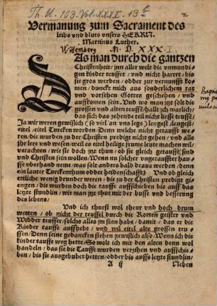 Vermanung zum Sacrament des leibs und bluts unsers Herrn