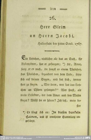 26. Herr Gleim an Herrn Jacobi. Halberstadt den 31ten Octob. 1767