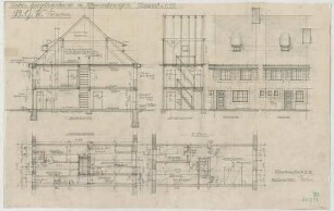Fischer, Theodor; München; Bayerische Geschützwerke - Umbau der Spiegelhofscheune in Kleinwohnungen (Grundriss EG, Grundriss 1. OG, Ansichten, Querschnitt, Längsschnitt)