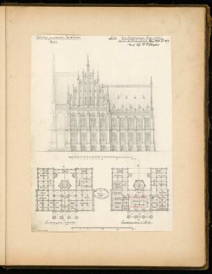 Rathaus Monatskonkurrenz Mai 1878: Grundriss Hochparterre, Obergeschoss, Aufriss Seitenansicht; 2 Maßstabsleisten