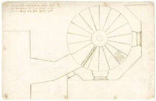 Fünf Pläne: 3 Querschnitte (2 Folio Doppelblatt, 1 Folio); Aufriss des Turms mit vier Stockwerken, auf der Rückseite Querschnitt (Kreis) der Wendeltreppe (Folio); Ansichtsskizze des Kirchturms (Quart)
