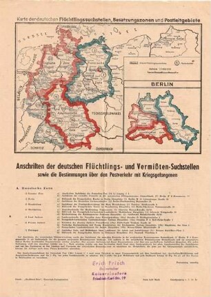 Karte der deutschen Flüchtlingssuchstelle, Besatzungszonen und Postleitgebiete