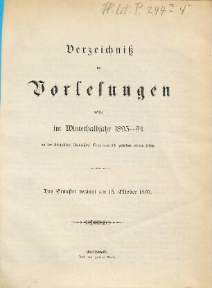 Verzeichnis der Vorlesungen der Universität zu Greifswald. 1893/94 WH
