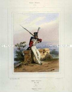 Uniformdarstellung, Füsilier des Schweizer Regiments, Königreich Frankreich, 1815/1830. Tafel Nr. 91 aus: Galerie Militaire.