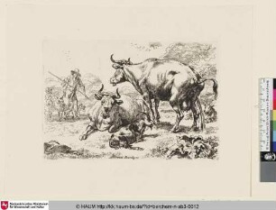 [Weidende Tiere neben pissender Kuh ; The Set of the Animals, 3 ; La vache couchée près de la vache qui pisse]