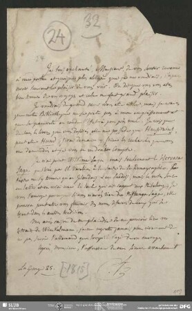 Eigenh. Brief von Guillaume Favre an August Wilhelm von Schlegel, La Grange, 1815