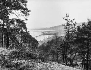 Talblick : Blick von einem Wald aus in ein Tal mit Gewässer und Industrie