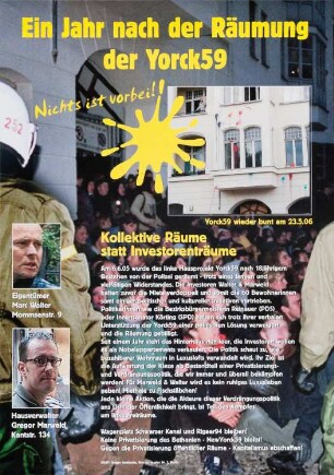 Plakat: "Ein Jahr nach der Räumung der Yorck59. Nichts ist vorbei!"