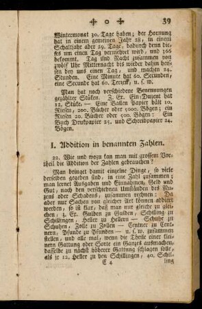 [Die vier Species in benannten Zahlen.] I. Addition in benannten Zahlen. - IV. Division in benannten Zahlen. §. 22. - §. 26.