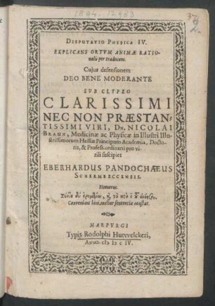 Disputatio Physica IV. Explicans Ortum Animae Rationalis per traducem