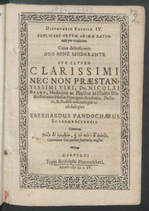Disputatio Physica IV. Explicans Ortum Animae Rationalis per traducem