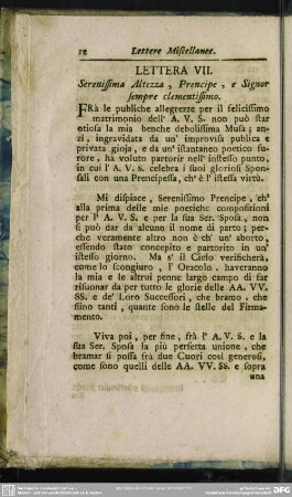 Lettera VII. Serenissima Altezza, Prencipe, e Signor sempre clementissimo