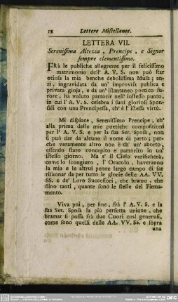 Lettera VII. Serenissima Altezza, Prencipe, e Signor sempre clementissimo