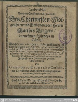 Leichpredigt bey dem Begräbnüß ... Matthes Bergers