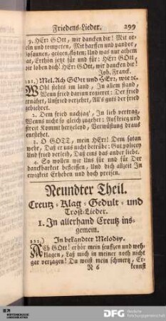 Neundter Theil. Creutz- Klag- Gedult- und Trost-Lieder.
