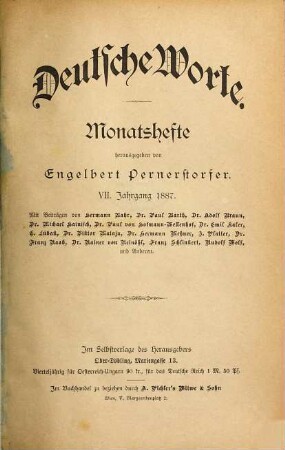 Deutsche Worte : Monatshefte. 7. 1887
