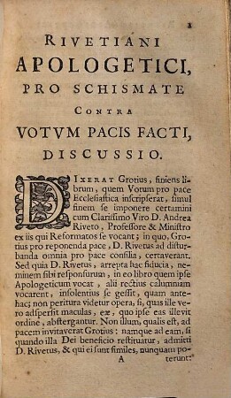 Rivetiani apologetici pro Schismate contra votum pacis facti discussio