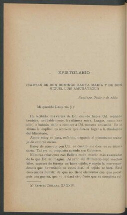 Epistolario : (Cartas de Don Domingo Santa María y de Don Miguel Luis Amunátegui)