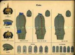 Uniformdarstellung, Schema der Helme, Waffenröcke, Hosen und Achselstücke von Offizieren des Bayerischen Train, Deutsches Kaiserreich, 1916.