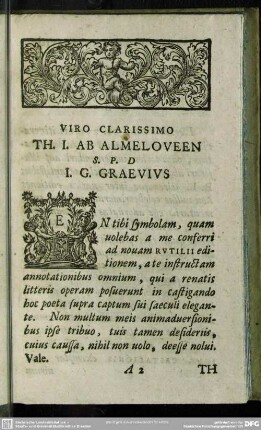 Viro Clarissimo Th. I. Ab Almeloveen S. P. D I. G. Graevius