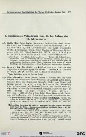 5. Einstimmige Vokal-Musik vom 15. Bis Anfang des 19. Jahrhunderts (Nr. 2089-2485)