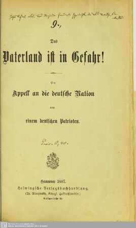Das Vaterland ist in Gefahr : ein Appell an die deutsche Nation