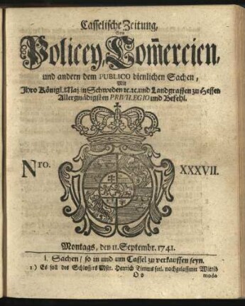 Nro. XXXVII, Montags, den 11. Septembr. 1741