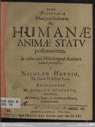 Disputatio theologica ordinaria de humanae animae statu post mortem