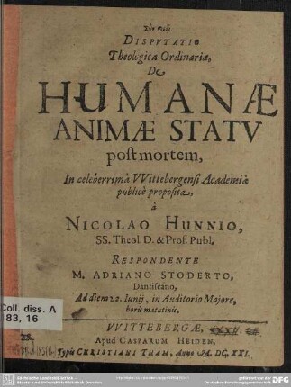 Disputatio theologica ordinaria de humanae animae statu post mortem