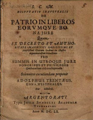 Disp. inaug. De patrio in liberos eorumque bona iure