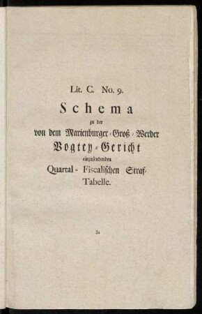 Lit. C. No. 9. Schema zu der von dem Marienburger-Groß-Werder Vogtey-Gericht einzusendenden Quartal-Fiscalischen Straf-Tabelle