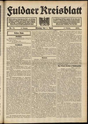 Erste Ausgabe vom Montag, den 01. April 1912.