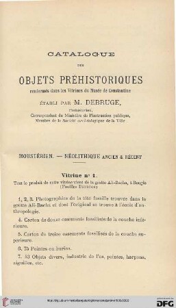 Catalogue des objets préhistoriques renfermés dans les Virtrines du Musée de Constantine