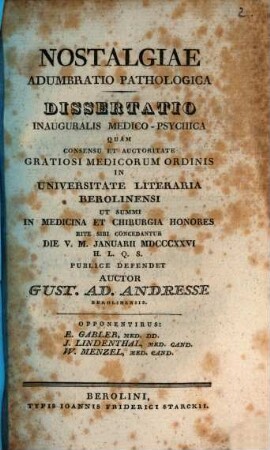 Nostalgiae adumbratio pathologica