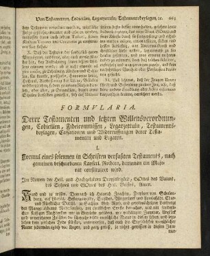 663-680, Formularia. Derer Testamenten und letzten Willensverordnungen, Codicillen, Fideicommissen, Legatzettuln, [...]